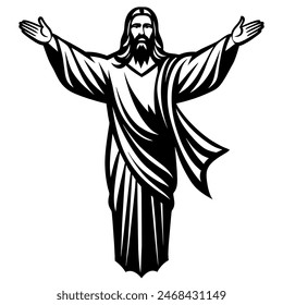 Black and white drawing of Jesus with arms outstretched, in religious gesture