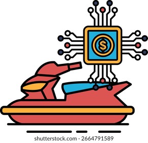 Un dibujo en blanco y negro de una moto acuática con un signo de dólar. La moto acuática está rodeada de mucha tecnología, incluyendo un chip de computadora y una placa de circuito