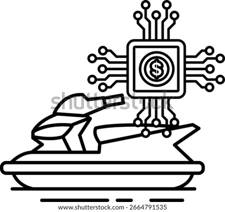 A black and white drawing of a jet ski with a dollar sign on it. The jet ski is surrounded by a lot of technology, including a computer chip and a circuit board