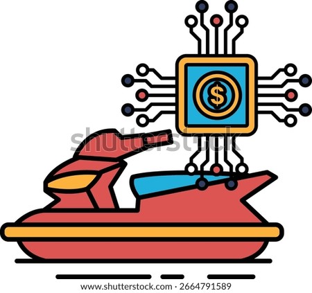 A black and white drawing of a jet ski with a dollar sign on it. The jet ski is surrounded by a lot of technology, including a computer chip and a circuit board