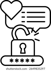 A black and white drawing of a key and a lock with a heart on top of the lock. The heart symbolizes love and the key represents unlocking something, possibly a relationship or a secret