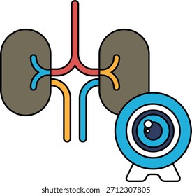 A black and white drawing of a kidney and a camera. The kidney is the main focus of the image, with the camera placed in the background. Concept of curiosity and exploration