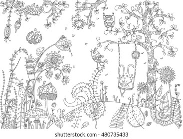 Black and white drawing for kids on nature, animals and insects , kids funny style.