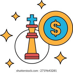 Un dibujo en blanco y negro de un rey y un signo de dólar. El rey está en la parte superior de una pieza de ajedrez y el signo del dólar está debajo de ella. Concepto de riqueza y poder