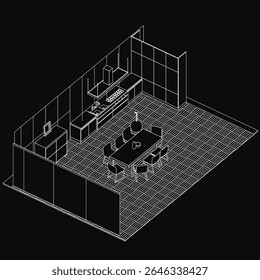 A black and white drawing of a kitchen interior with a wooden table and chairs, surrounded by a dark, mysterious atmosphere. A few objects are placed on the table, adding subtle detail to the scene.