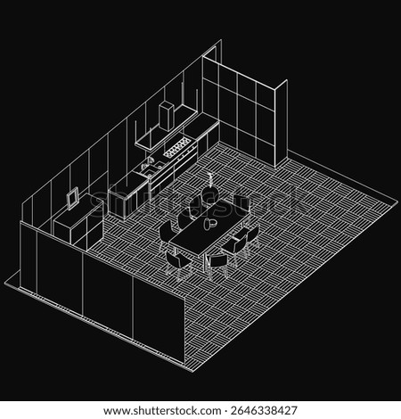 A black and white drawing of a kitchen interior with a wooden table and chairs, surrounded by a dark, mysterious atmosphere. A few objects are placed on the table, adding subtle detail to the scene.