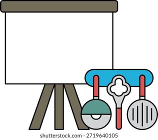 A black and white drawing of a kitchen with a projector screen and a bunch of kitchen utensils
