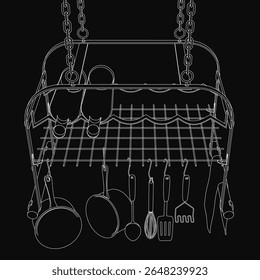 A black and white drawing of a kitchen rack with hanging utensils, including spoons and spatulas, against a dark background for stark contrast. The minimalist sketch highlights essential kitchen.
