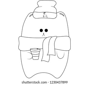 Black and white drawing of a kitten in a winter hat and with coffee.