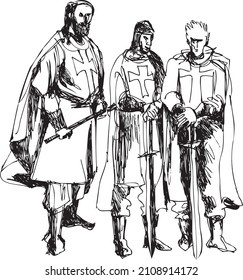 black and white drawing of knights crusaders