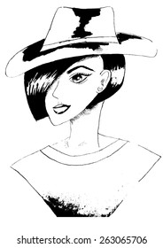 Black and white drawing of a lady in a hat