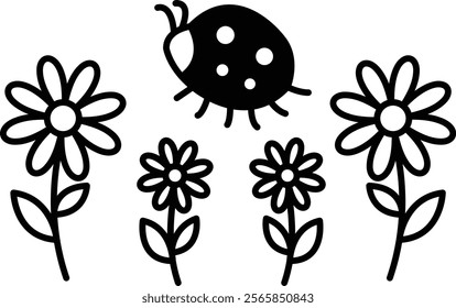 A black and white drawing of a ladybug on a flower. The ladybug is surrounded by flowers, with one flower in the foreground and three in the background. The drawing has a whimsical and playful mood