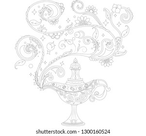 Black and white drawing of a lamp with ornaments for coloring