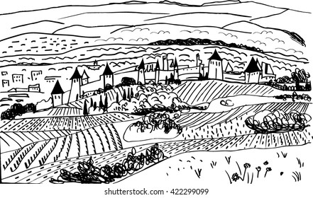 black and white drawing of a landscape with a medieval town