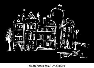black and white drawing of the landscape of the old European city at night