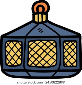 A black and white drawing of a lantern with a flame inside. The lantern is sitting on a pedestal