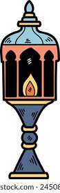 A black and white drawing of a lantern with a flame inside. The lantern is sitting on a pedestal