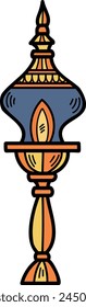 A black and white drawing of a lantern with a flame inside. The lantern is sitting on a pedestal