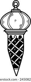 A black and white drawing of a lantern with a flame inside. The lantern is sitting on a pedestal