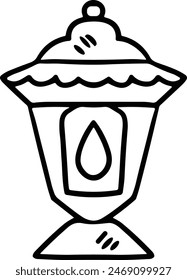 A black and white drawing of a lantern with a lit candle inside. The lantern is sitting on a table