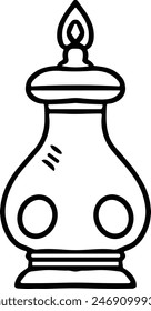 A black and white drawing of a lantern with a lit candle inside. The lantern is sitting on a table