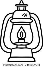 A black and white drawing of a lantern with a lit candle inside. The lantern is sitting on a table