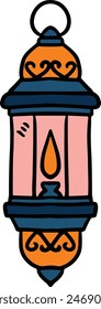 A black and white drawing of a lantern with a lit candle inside. The lantern is sitting on a table