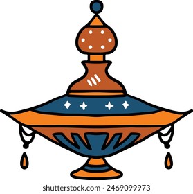 A black and white drawing of a lantern with a lit candle inside. The lantern is sitting on a table