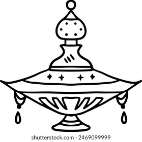 A black and white drawing of a lantern with a lit candle inside. The lantern is sitting on a table