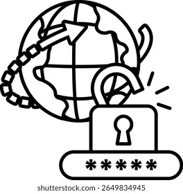 A black and white drawing of a laptop with a keypad and a lock on it. The laptop is surrounded by a globe and a key