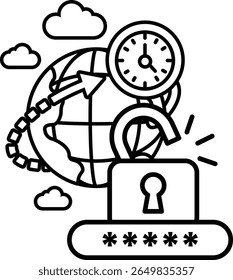 A black and white drawing of a laptop with a keypad and a clock. The keypad is surrounded by clouds and the clock is on the right side of the laptop. Concept of time and security