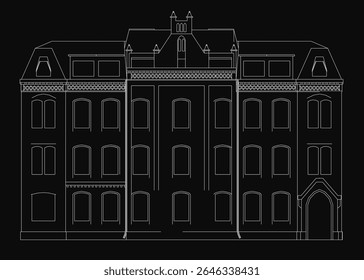 Um desenho em preto e branco de um grande prédio universitário com uma torre de relógio proeminente, delineado em branco para contraste acentuado. Os detalhes arquitetônicos são limpos e distintos, evocando um clássico.