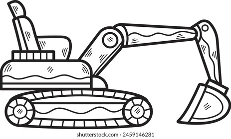 Dibujo en blanco y negro de un Grande vehículo de construcción con una Grande cuchara en la parte delantera. El vehículo es una Grande excavadora, y está sentado en una pista. El vehículo está diseñado para cavar