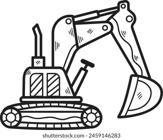 A black and white drawing of a large construction vehicle with a large scoop on the front. The vehicle is a large excavator, and it is sitting on a track. The vehicle is designed to dig