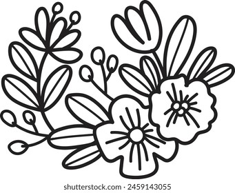 Dibujo en blanco y negro de una rama frondosa con flores. Las flores son Pequeñas y delicadas, y las hojas son Grandes y frondosas