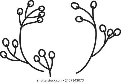 Dibujo en blanco y negro de una rama frondosa con flores. Las flores son Pequeñas y delicadas, y las hojas son Grandes y frondosas