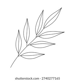 A black and white drawing of a leafy branch