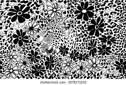 Black and white drawing of leopard camouflage background, leopard head and flowers