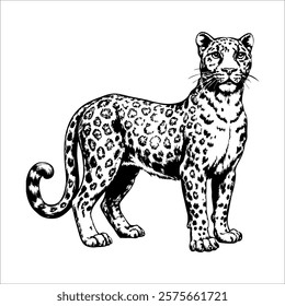 Black and white drawing of a leopard standing in front of a white background