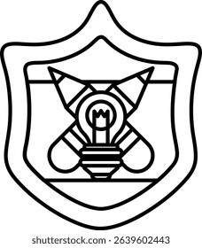 A black and white drawing of a light bulb with a shield around it. The shield is in the shape of a diamond and has a cross on it. The light bulb is surrounded by a circle