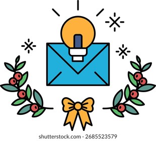 Um desenho preto e branco de uma lâmpada no topo de um envelope com um arco. O desenho transmite a ideia de uma mensagem brilhante e criativa sendo enviada através do envelope