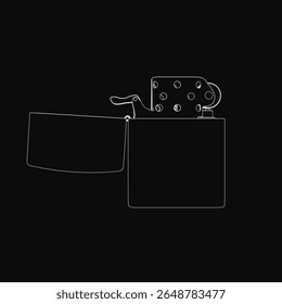 Black and white drawing of a lighter outlined in white against a dark background. The stark contrast creates a bold, minimalist aesthetic. Clean lines emphasize the lighter's shape and details.