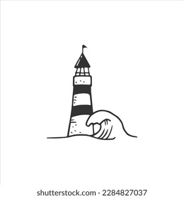 A black and white drawing of a lighthouse with a flag on the top.