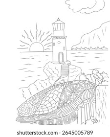 Black and white drawing of a lighthouse at sunset with abstract patterned element, ideal for coloring and creative designs.