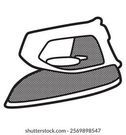 black and white drawing, line art, simple electric iron with stainless steel and plastic body electric iron, facing left