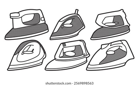 black and white drawing, line art, six electric irons facing left