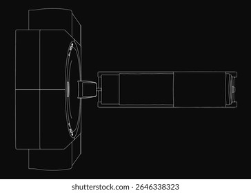 Desenho a preto e branco de um atuador linear com corpo metálico, cristas e ranhuras. Possui forma retangular, alça lateral e eixo superior conectados a um eixo.