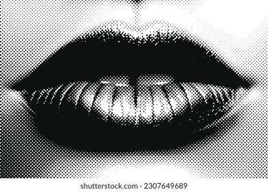 Black and white drawing of the lips, halftone dots background, fading dot effect, vector design