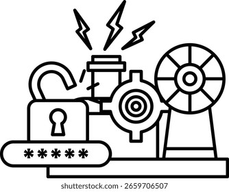 Un dibujo en blanco y negro de una cerradura, una taza de café, una rueda y una llave. El dibujo transmite la idea de seguridad y protección, así como la importancia de mantener seguras las pertenencias