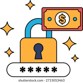 Un dibujo en blanco y negro de una cerradura con un billete de un dólar encima. El billete de dólar está rodeado de estrellas, y la cerradura se coloca sobre el billete. Concepto de seguridad y protección